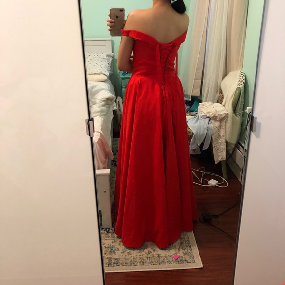 CLEARANCE Bright Red Off the Shoulder A Line Dress - Picture 5 of 7